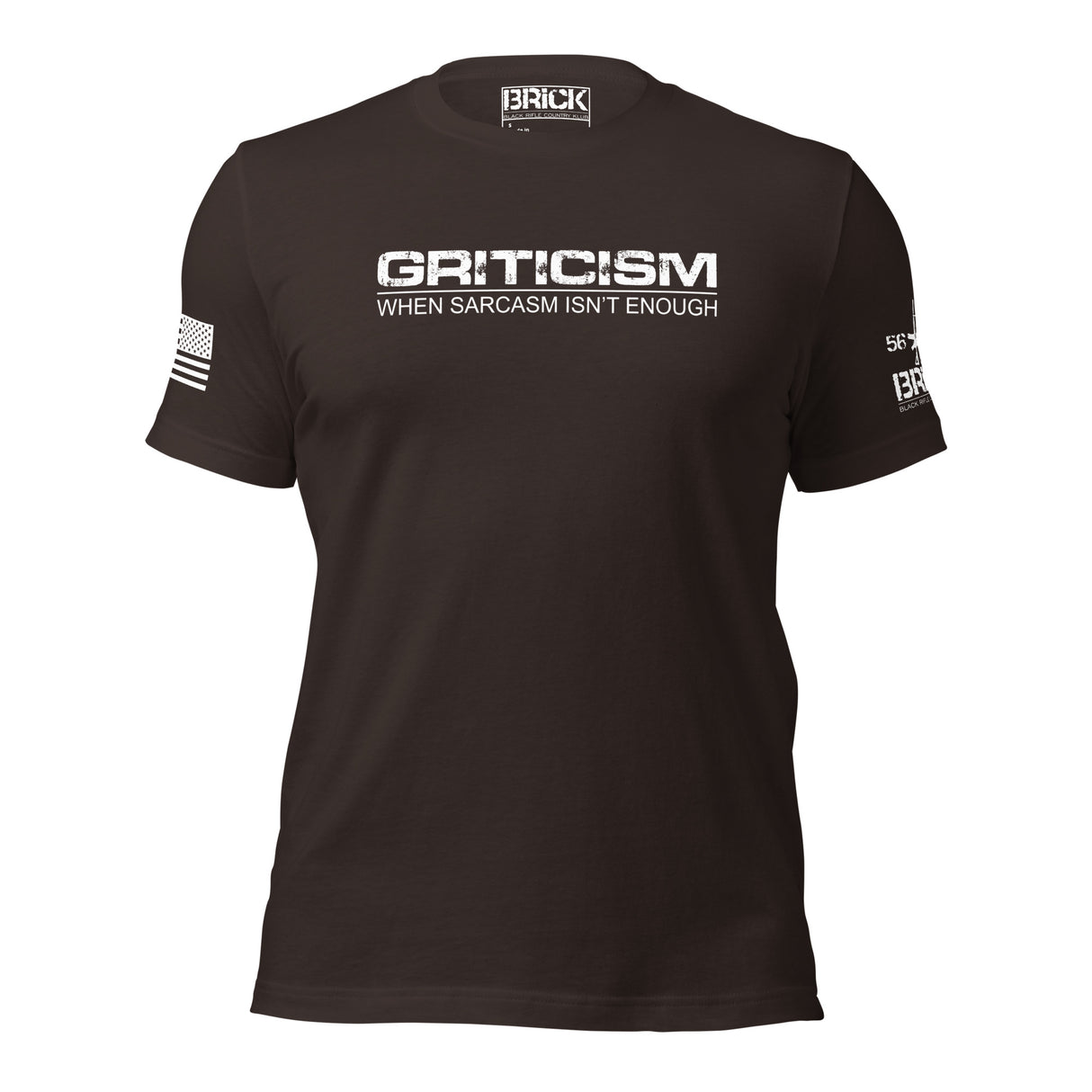 A gray crew neck t-shirt with the text 'GRITICISM WHEN SARCASTIC ISN'T ENOUGH' printed on the front, along with a small logo and text on the sleeves.