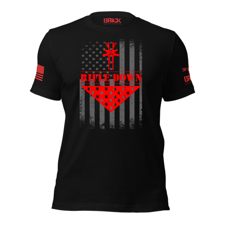 Black t-shirt with red and gray graphic design on a white background